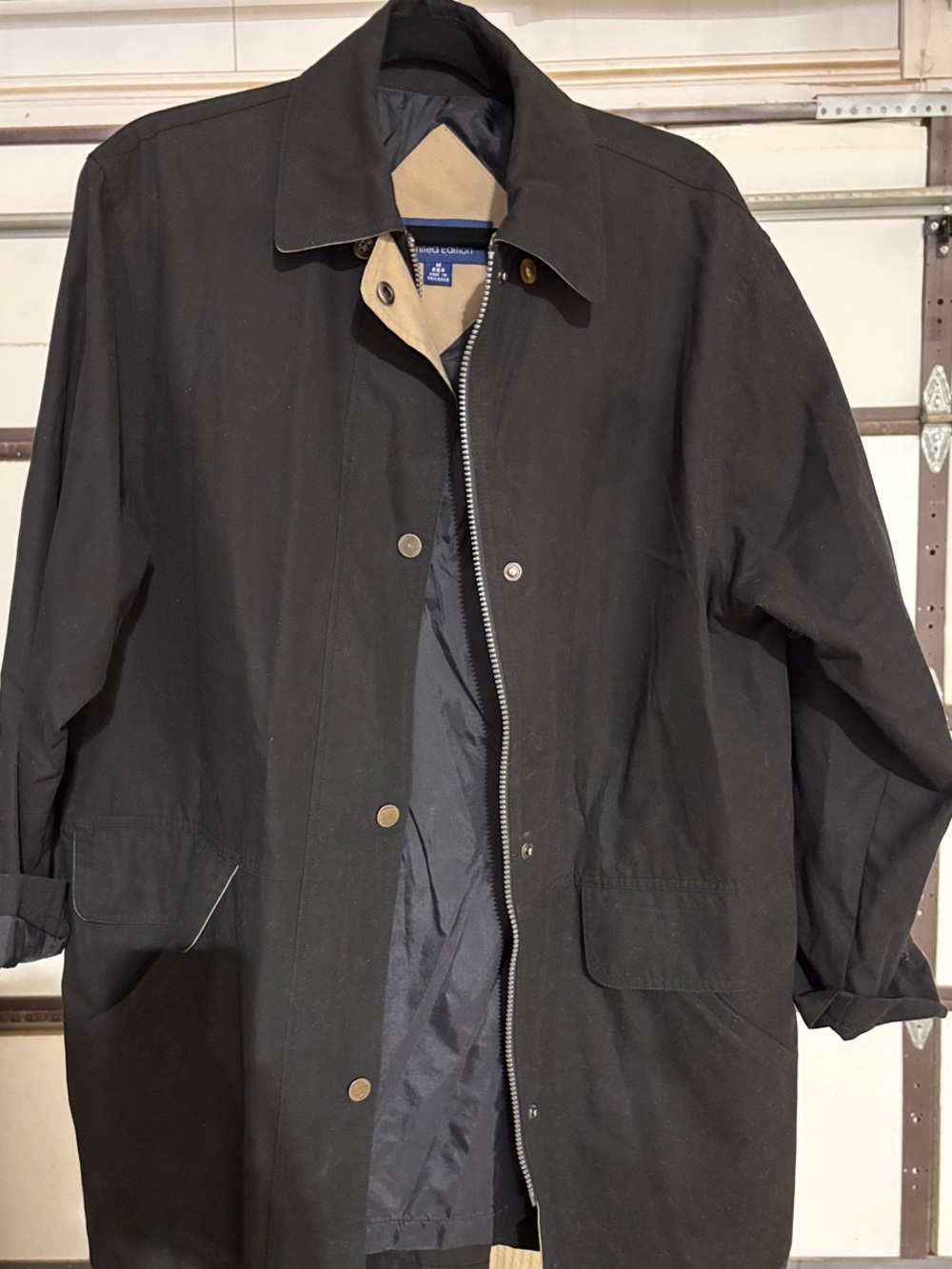 London Fog Black Trench Coat with Tan Collar Trim